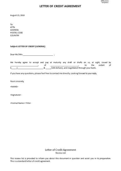 In providing us with your credit card information, you are giving wpcs permission to. Letter of Credit Agreement | Templates at ...
