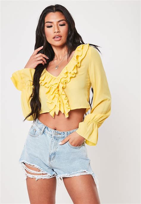 Yellow Ruffle Front Cropped Blouse Missguided Ireland