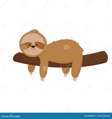 Sloth Laying On Tree Branch Itextured Image Cartoon Character Drawing