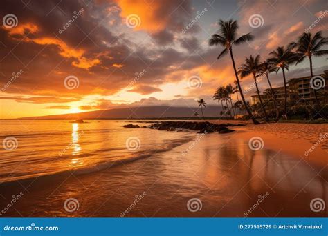 Warm Tropical Sunset On Kaanapali Beach In Maui Hawaii Stock