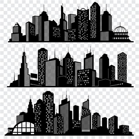 Cityscapes Town Skyline Buildings Big City Silhouettes Vector Set By