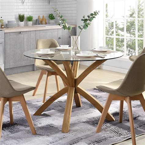 Lugano 110cm Round Glass Top Solid Oak Legs Dining Table Shop Designer Home Furnishings