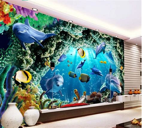 Custom Mural 3d Wallpaper Sea Cave Dolphin Coral Fish Home