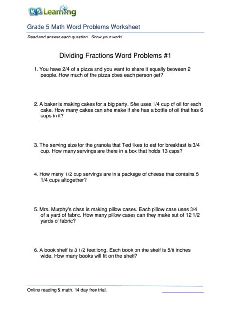 Grade 5 Math Word Problems Worksheet (With Answers) printable pdf download