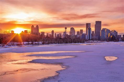 Colorful Sunset Sky Over Downtown Calgary Stock Image Image Of Nature