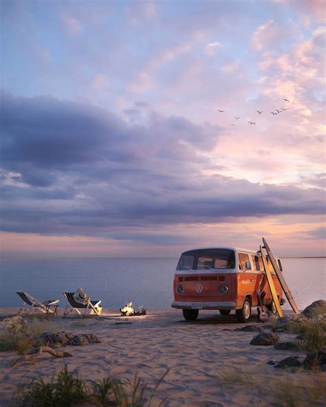 Holiday Escape On Red Vintage Van To The Ocean Sunset Beach