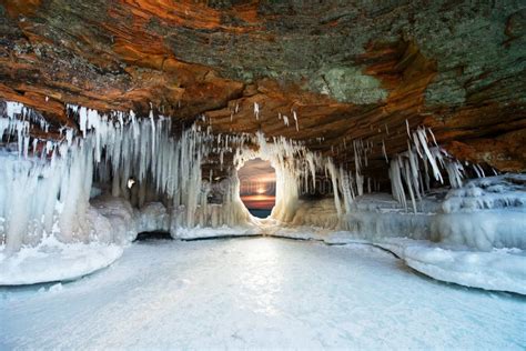 Ice Caves At Apostle Islands Winter Sunset Stock Image Image Of