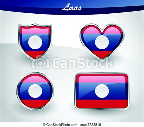 Glossy Laos Flag Icon Set With Shield Heart Circle And Rectangle