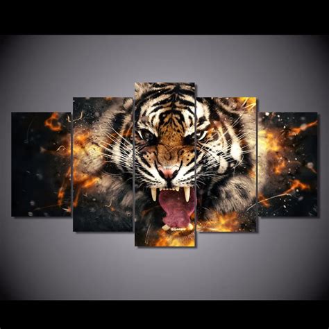5 Pcsset Framed Hd Printed Tiger Animal Picture Wall Art Canvas Print