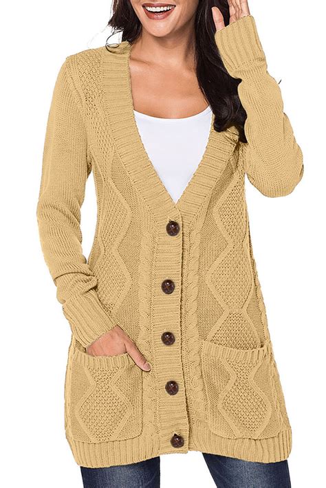 hanna women front button down long sleeve cardigan sweater with pockets beige amber millet