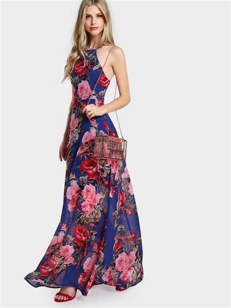 Shein Flower Print Racer Halter Neck Open Back Maxi Dress Maxi Dress