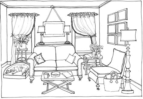 A Drawing Of A Living Room With Couches Chairs And Lamps In Its Corner