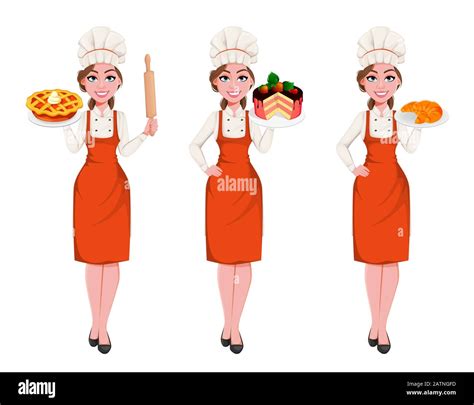 Beautiful Young Chef Woman Baker Set Of Three Poses Pretty Cook Lady