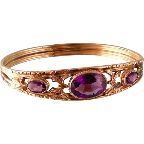 Antique Bangle Bracelet With Amethyst Glass Stones From Steig On Ruby Lane