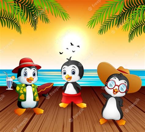 Premium Vector Cute Cartoon Penguins In Summer Holiday