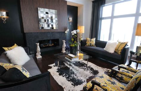 Furnishing in pale neutral tones and dark woods add both contrast and visual interest while enhancing the room's. Yellow and Black Living Room - Contemporary - living room - Atmosphere Interior Design