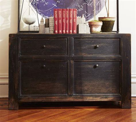 Only one drawer opens at a time. Distressed Black Lateral File Cabinet