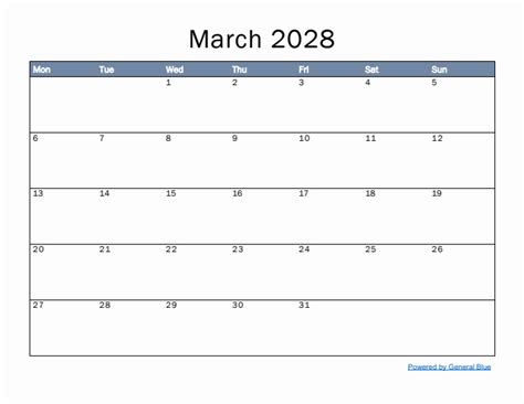 March 2028 Monday Start Calendar Pdf Excel Word