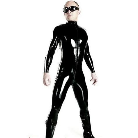 super cool sexy men black patent leather jumpsuit vinyl latex bondage catsuit double zip wetlook