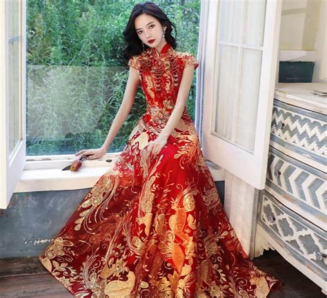 Traditional Chinese Wedding Dress Long Qipao Golden Sequins Etsy