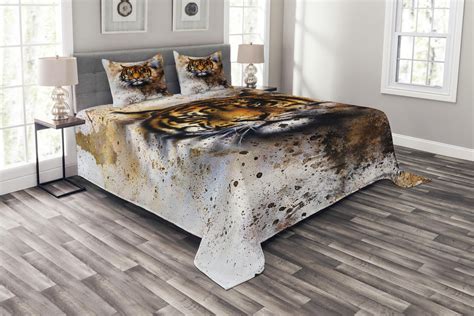 Tiger Bedspread Set Queen Size Wild Beast Looking Straight Into The