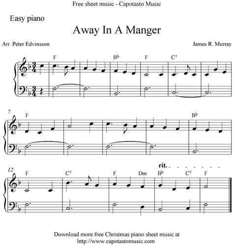 With downloadable mp3s (dover classical music for keyboard and piano four hands). Easy free Christmas piano sheet music, Away In A Manger