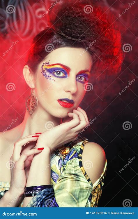Beautiful Woman With Bright Make Up Stock Photo Image Of Looking