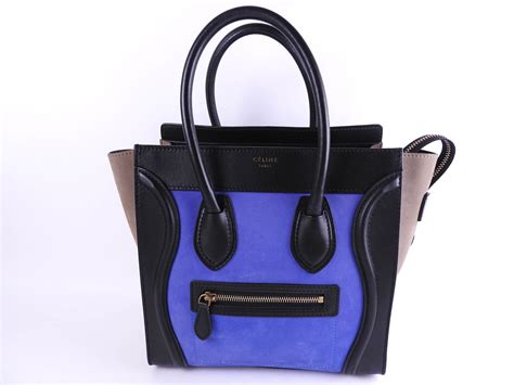 Wil jij graag iets van onze cemi collectie? Auth CELINE Luggage Micro Shopper Tote Bag Leather Black Beige Blue 167793 A9653 - brand7