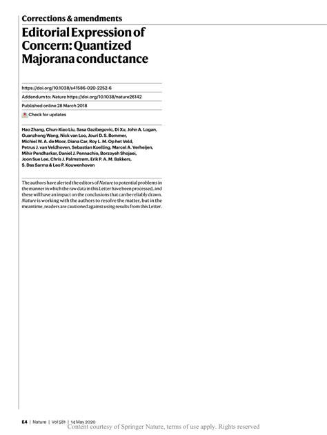 Editorial Expression Of Concern Quantized Majorana Conductance