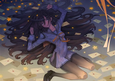 Wallpaper Anime Girl Lying Down Dark Hair Stars