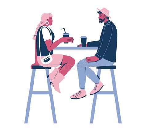 Happy Romantic Couple Sitting At Table Enjoying Coffee To Go Flat