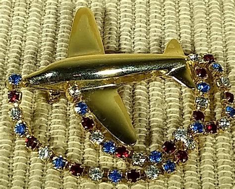 Gold Tone Airplane Brooch With Rhinestone Dangles 2 Inches Unsigned