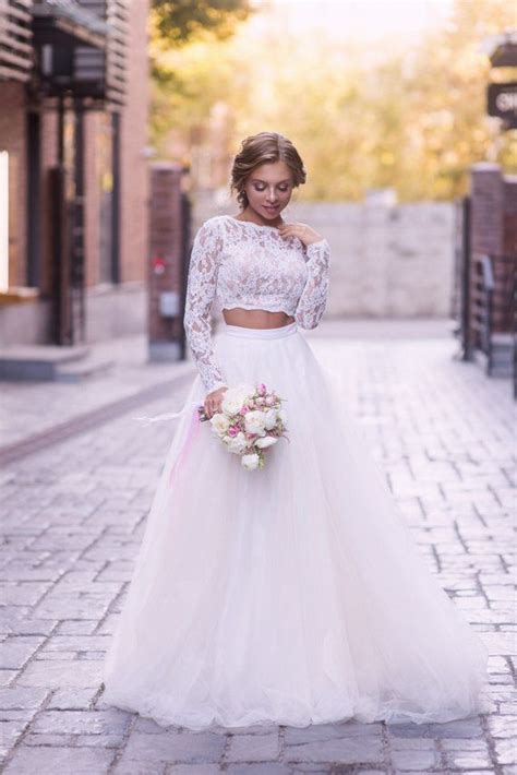Lace Crop Top Wedding Dress Long Sleeve Lace Crop Top A Line Wedding