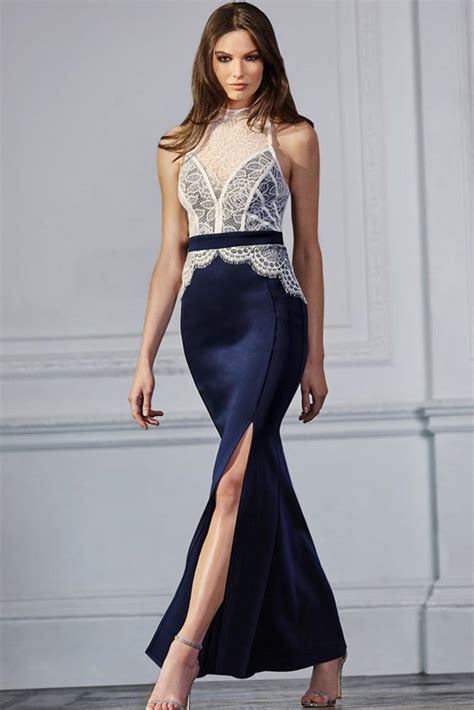 women party white lace top slit blue petite maxi dresses