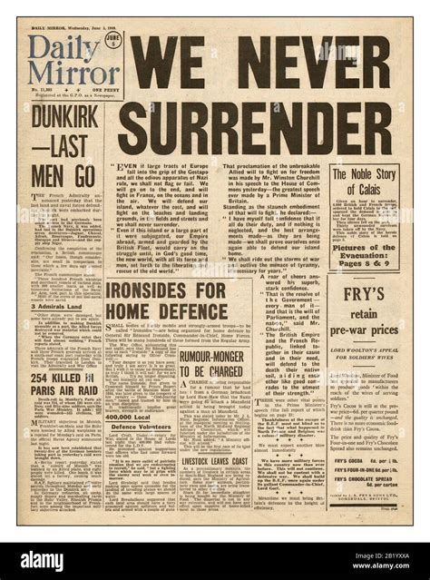 Churchill Speech Ww2 Archive World War Ii Newspaper Headlines June 5th 1940 We Never Surrender