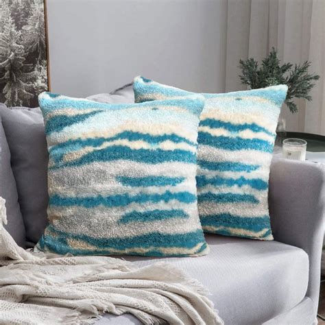 Blue Throw Pillow Covers 22x22 Set Of 2 Teal Faux Fur