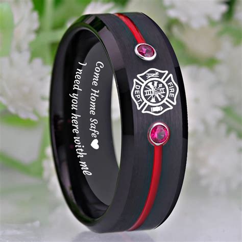 Wedding Rings Firefighter Design Fireman Fire Ring Mens Black Tungsten With Red Groove Cz