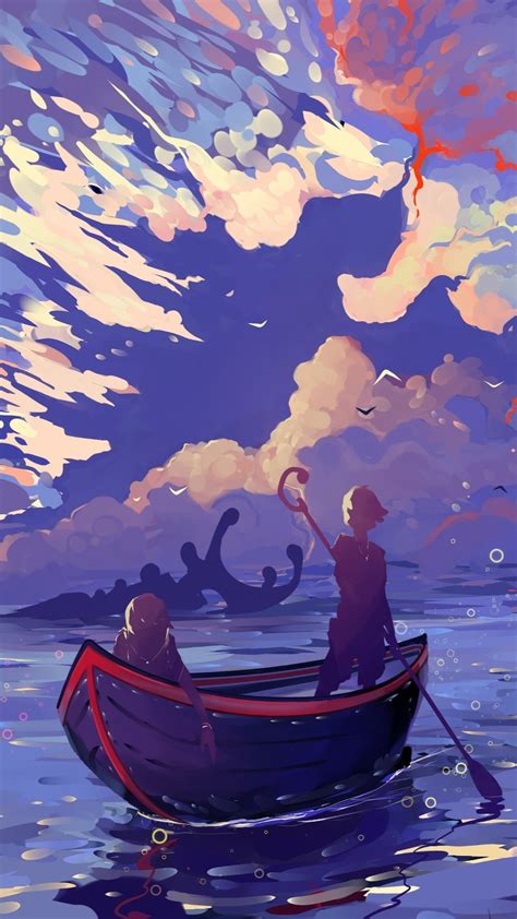 Two In One Boat Digital Anime Scenery Wallpaper Backiee