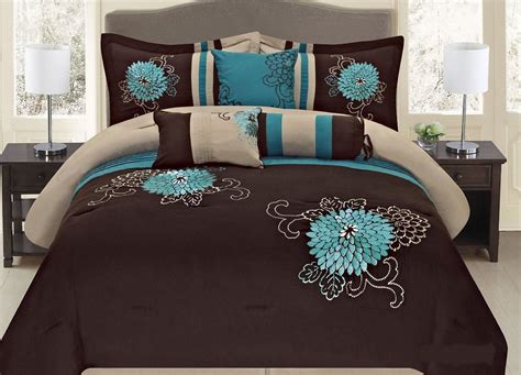7 Pc Brown Teal And Taupe Floral Striped Design Queen Size Comforter