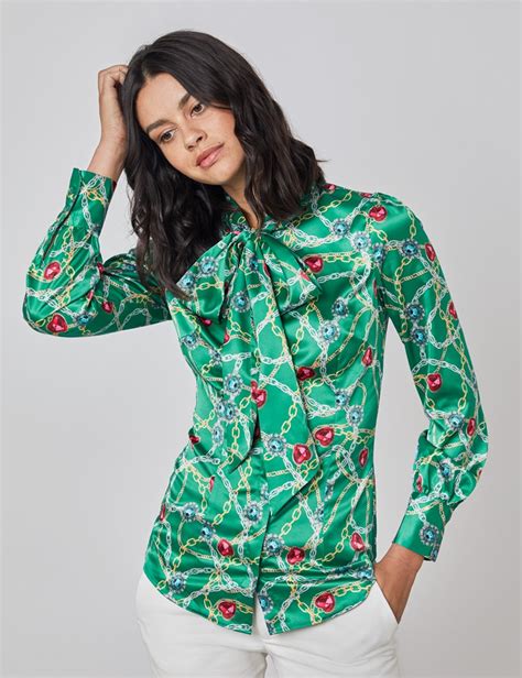 print fitted women s satin blouse with single cuff in green and gold pussy hawes and curtis uk