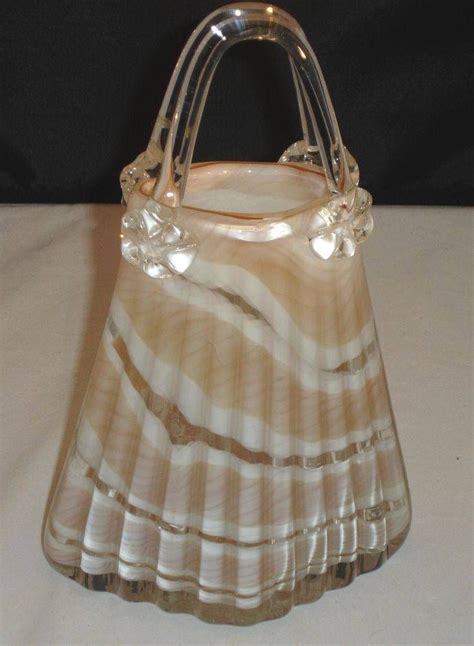 Murano Art Brown And White Glass Purse With Rosetted Handle Venetian Glass Murano Glass Brown