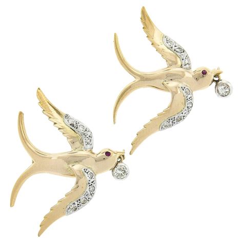 2 Retro Vintage 18k Gold Platinum Diamond And Ruby Pair Of Swallow