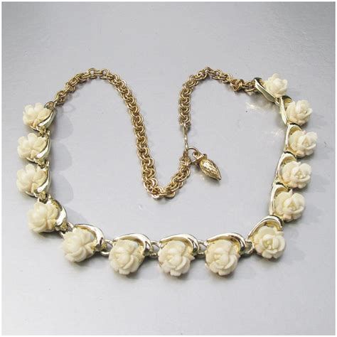 Faux Ivory Celluloid Roses Vintage 1950s Necklace Gold Tone Necklace