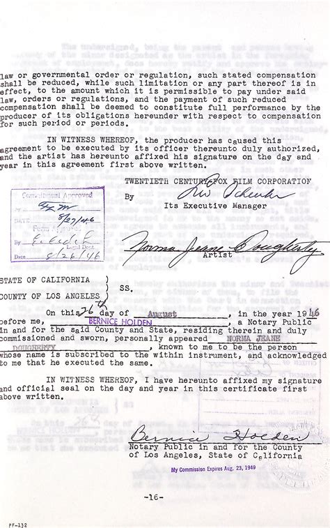 a marilyn monroe norma jeane dougherty first contract from 20th century fox relating to her work