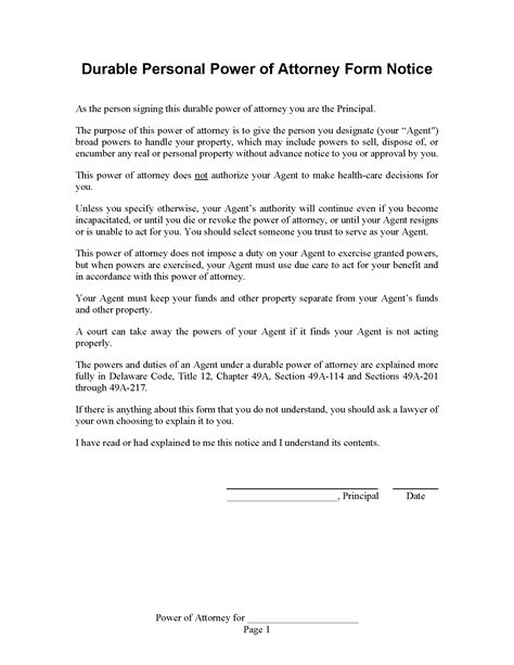 Free Delaware Durable Statutory Power Of Attorney Form Pdf Word