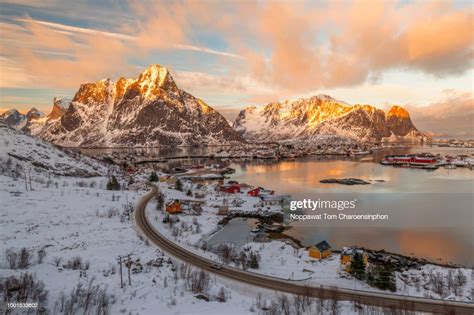 Aerial View Of Reine Lofoten Islands Norway In Winter High Res Stock