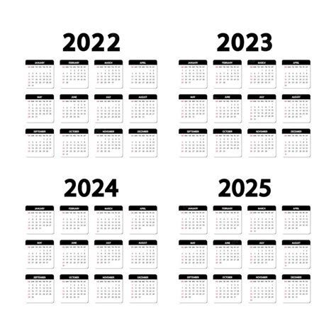 カレンダー2022、2023、2024および2025年。週は日曜日に始まります。年間英語カレンダーテンプレート。縦向き プレミアムベクター