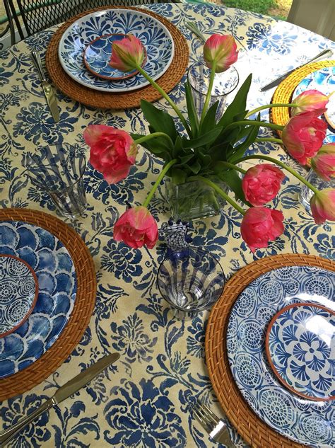 Melamine Plates With Wicker Chargerslove A Blue And White Tablescape