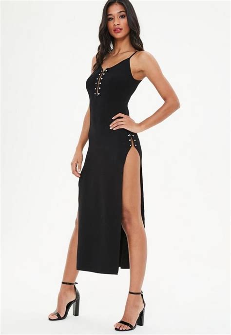 This Midi Dress Features A Black Hue Splits To The Thigh And Silver Bar Details Clothes