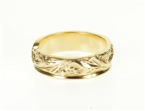 14k Ornate Leaf Vine Scroll Patterned Wedding Band Yellow Gold Ring